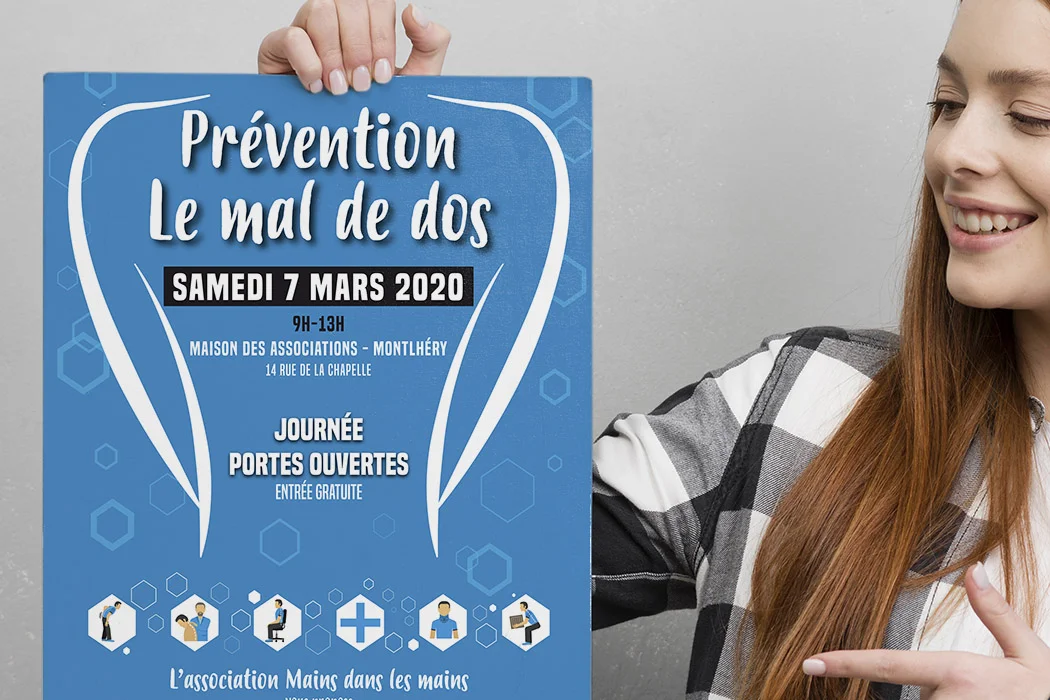 Affiche sur le mal de dos pour la conférence de l'association Mains dans les Mains