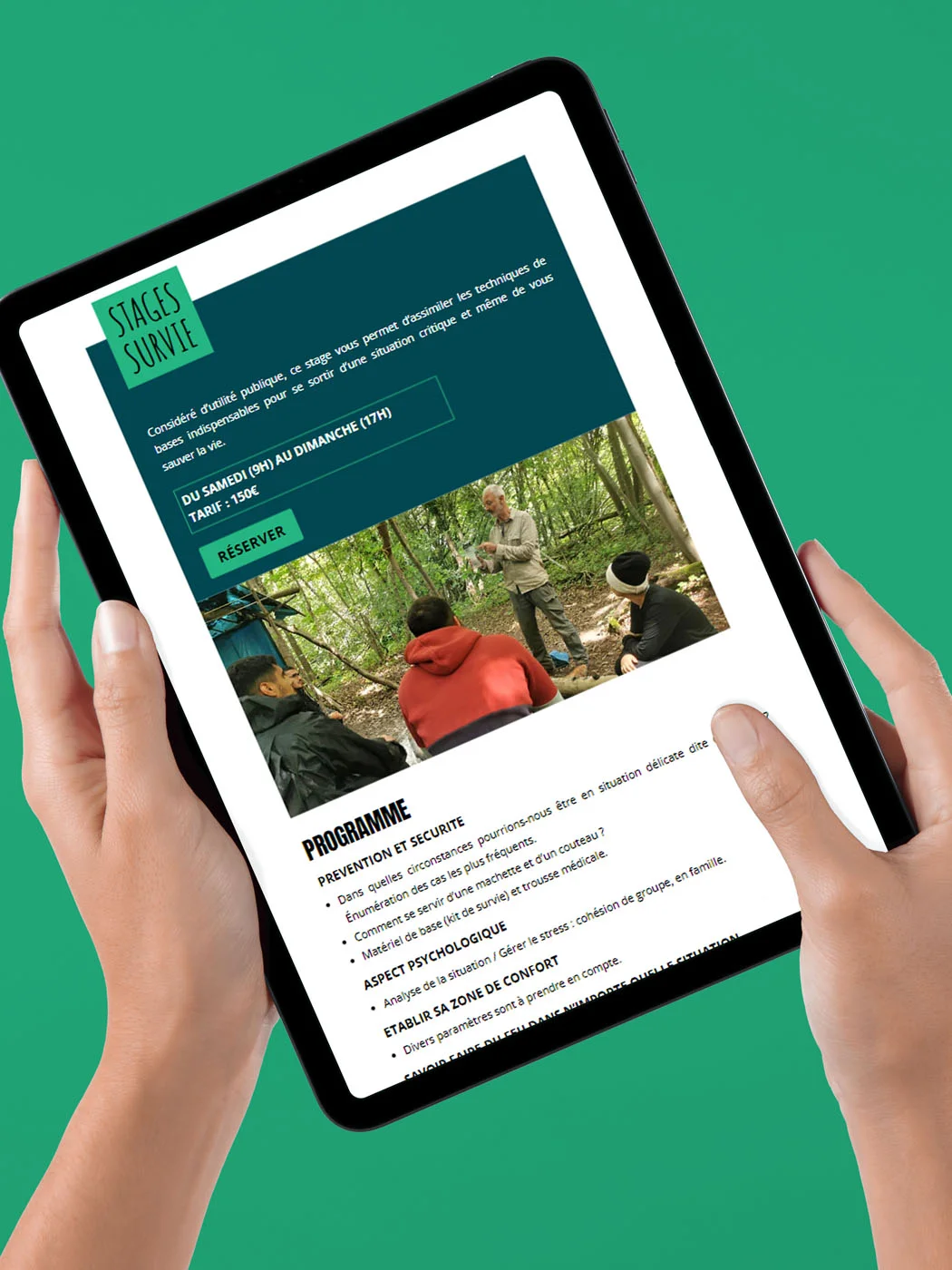 tablette présentant le site internet de William instructeur de survie