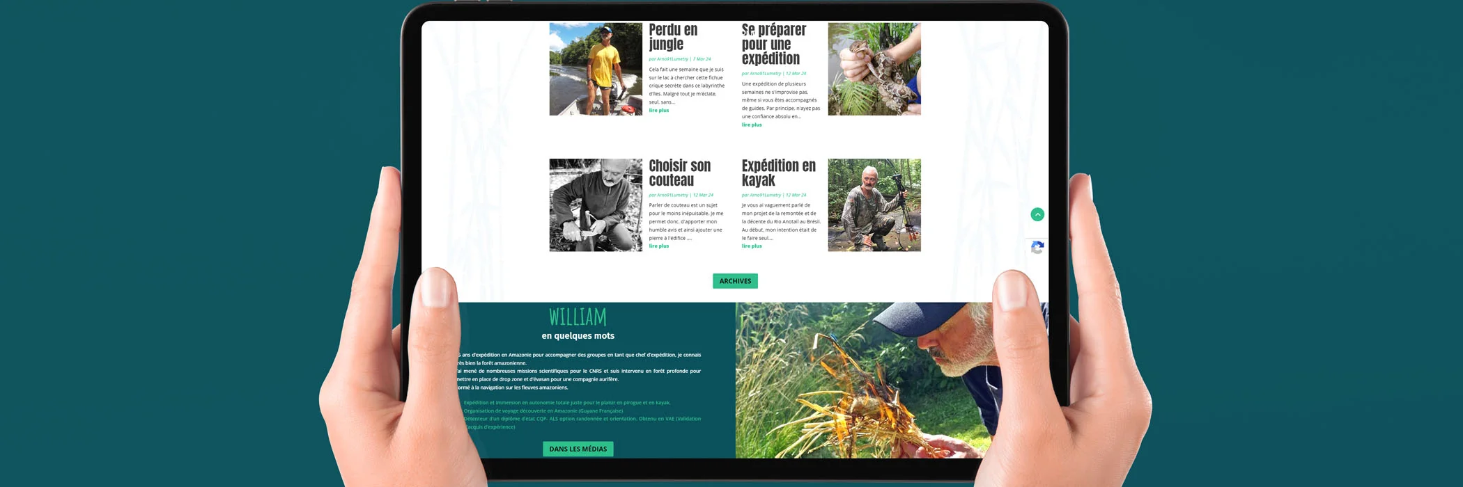 tablette présentant le site internet de William instructeur de survie