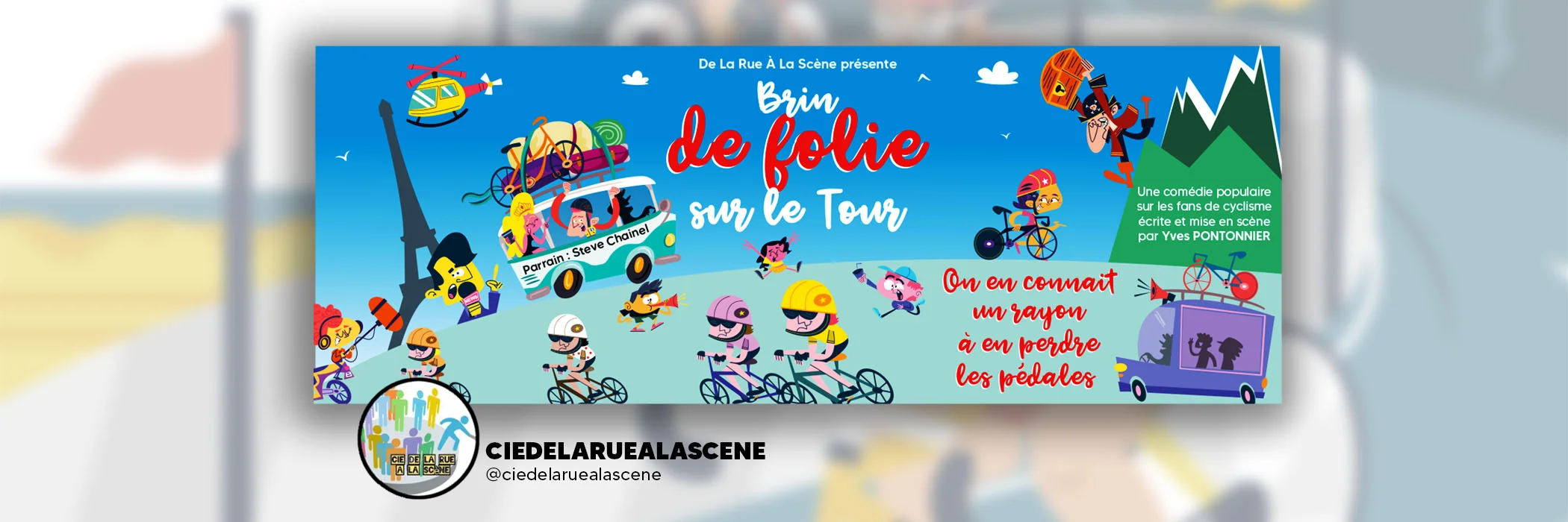 Couverture Facebook de la pièce de théâtre Brin de folie sur le Tour, réalisée par Arnaud Sedira Graphiste