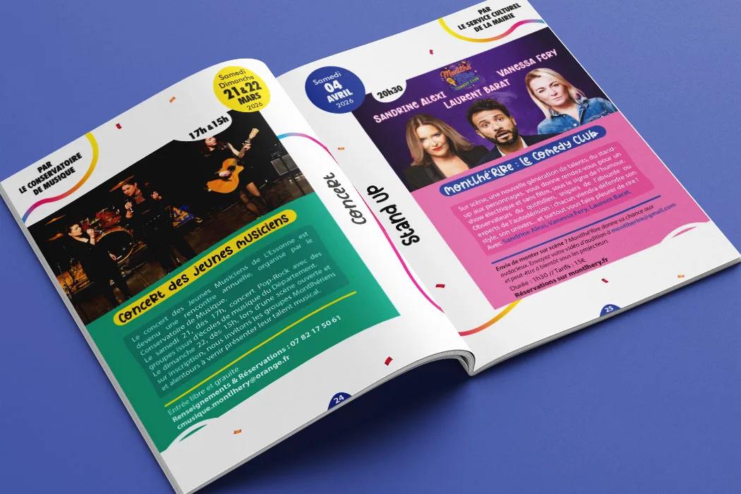 Brochure de la saison culturelle 2025-26 de la Ville de Montlhéry conçue par Arnaud Sedira, graphiste vidéaste