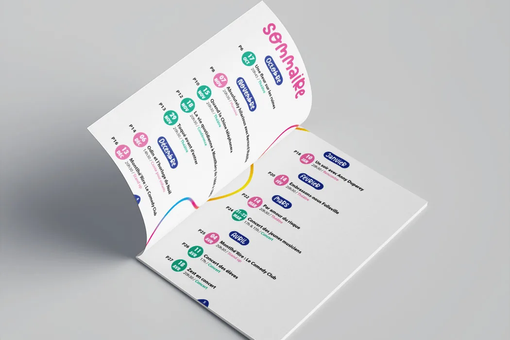 Brochure de la saison culturelle 2025-26 de la Ville de Montlhéry conçue par Arnaud Sedira, graphiste vidéaste