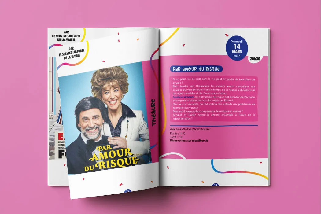 Brochure de la saison culturelle 2025-26 de la Ville de Montlhéry conçue par Arnaud Sedira, graphiste vidéaste