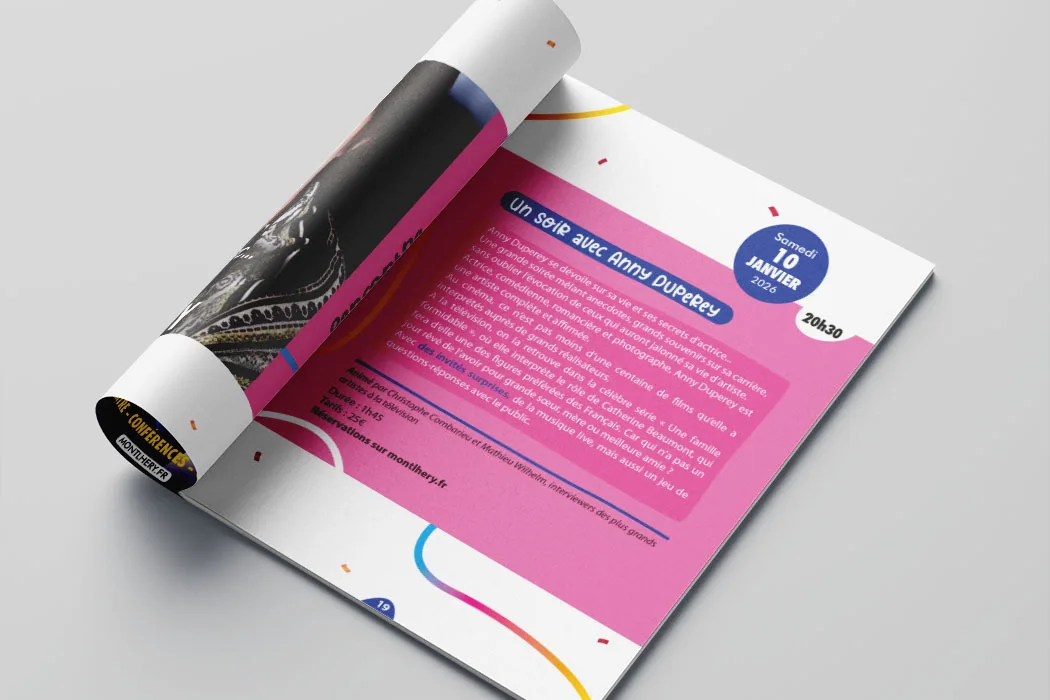 Brochure de la saison culturelle 2025-26 de la Ville de Montlhéry conçue par Arnaud Sedira, graphiste vidéaste